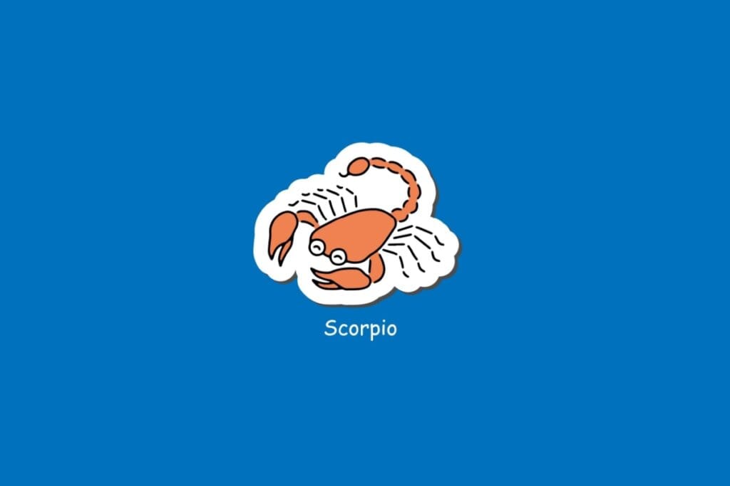 Ilustração do signo de Escorpião, em fundo azul, com escorpião laranja de pinças e cauda arqueada