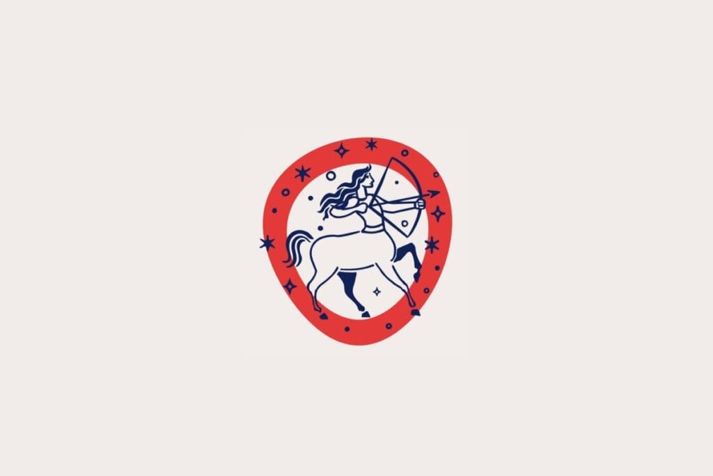 Ilustração do signo de Sagitário, em fundo bege-claro, contendo um centauro arqueiro puxando o arco dentro de uma moldura vermelha