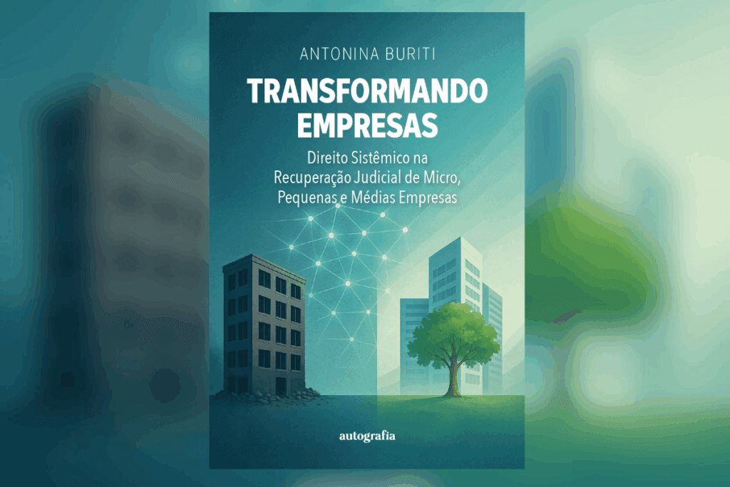 Livro “Transformando Empresas” com prédios, árvore ao centro e rede de conexões no céu