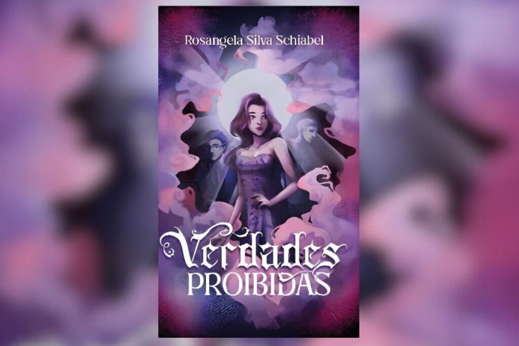 Capa do livro Verdades Proibidas com a imagem de uma mulher cerca por sombras e fumaça rosa e roxo 