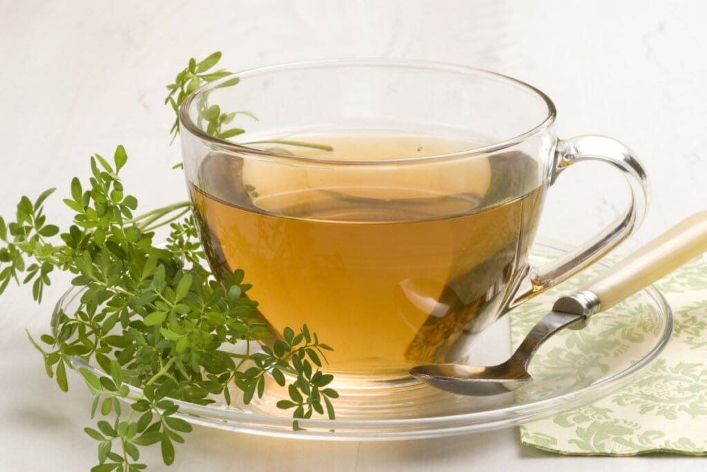 Xícara de vidro com chá de arruda e folhas de arruda ao lado 