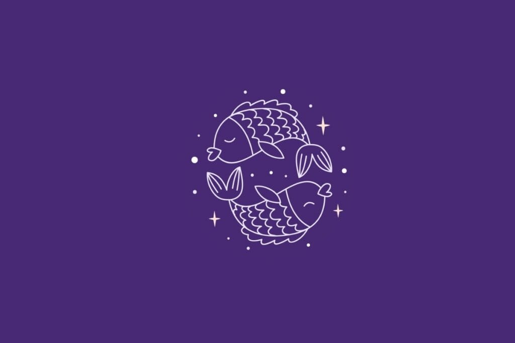 Ilustração do signo de Peixes em um fundo roxo rodeado por estrelas