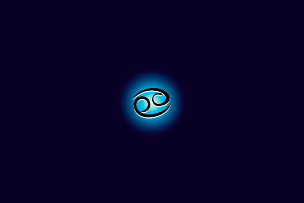 Ilustração do signo de câncer iluminado com uma luz em um fundo azul escuro