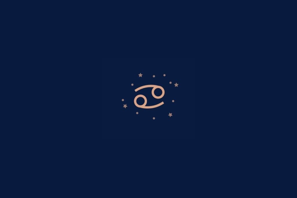Ilustração do signo de câncer rodeado por estrelas em um fundo azul-escuro
