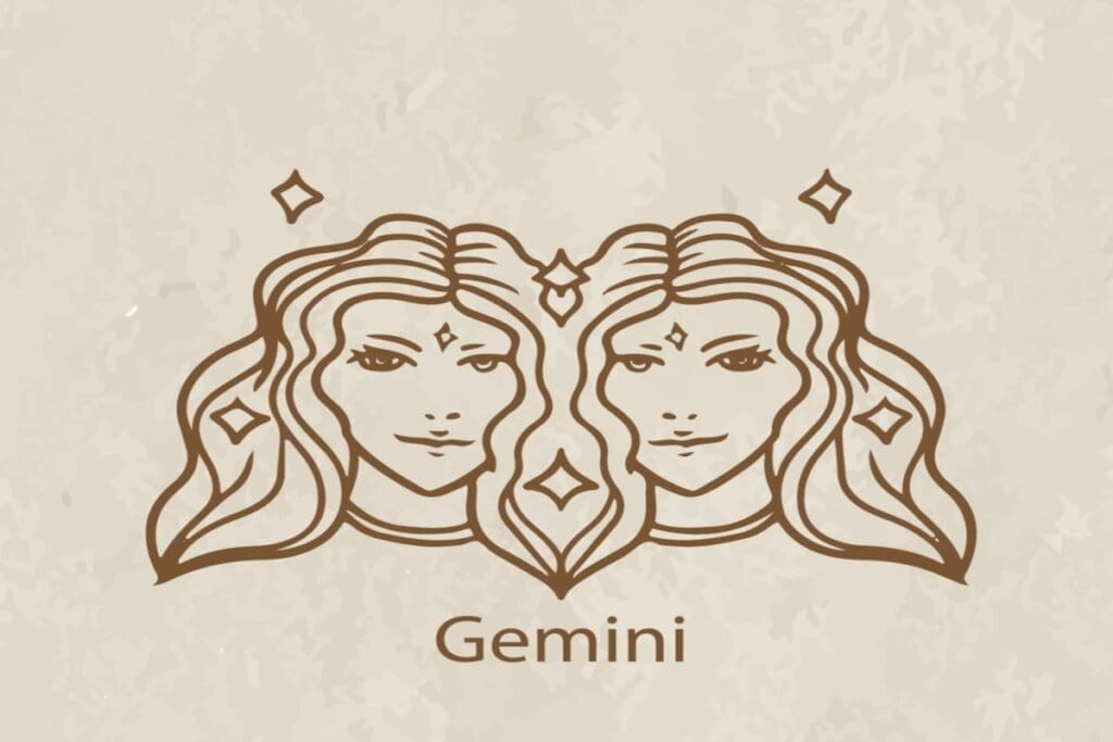 Ilustração do símbolo e nome do signo de gêmeos marrom em fundo marrom-claro