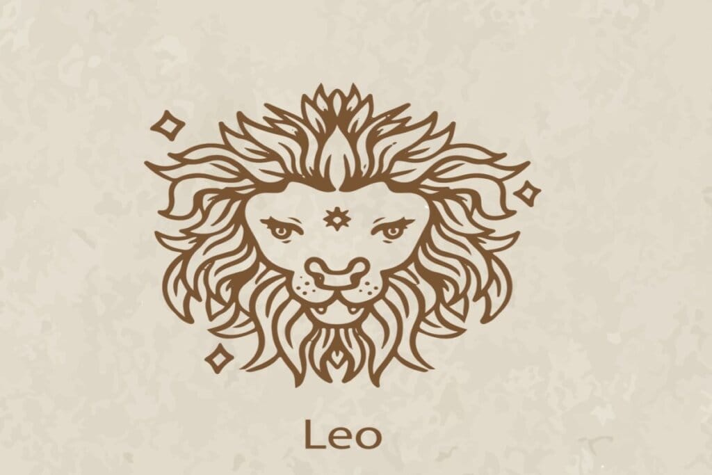 Ilustração do símbolo e nome do signo de leão marrom em fundo marrom-claro