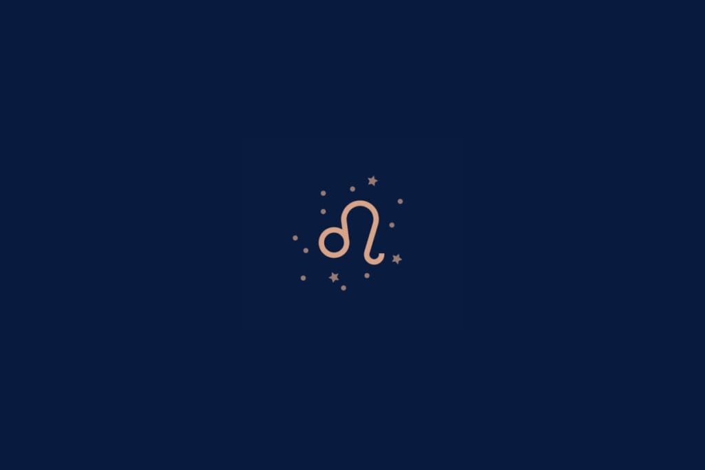 Ilustração do signo de leão rodeado por estrelas em um fundo azul-escuro