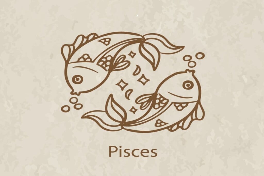 Ilustração do símbolo e nome do signo de peixes marrom em fundo marrom-claro