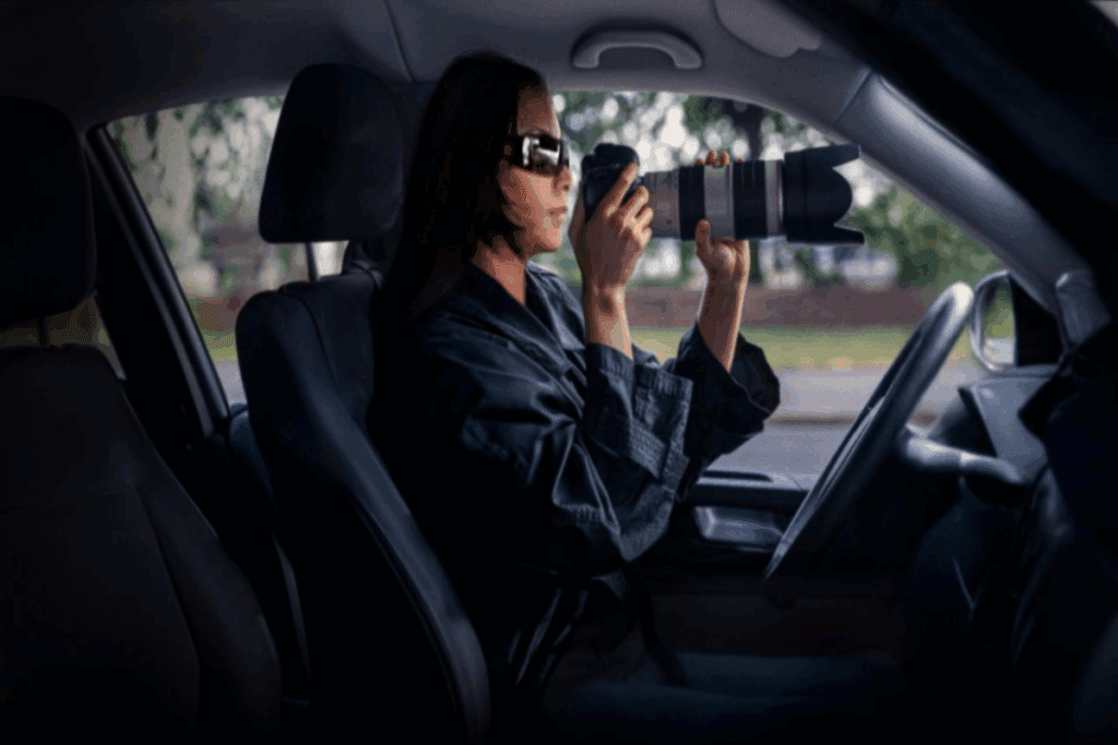 Imagem de uma mulher no carro com roupa preta e óculos escuro com uma câmera na mão 