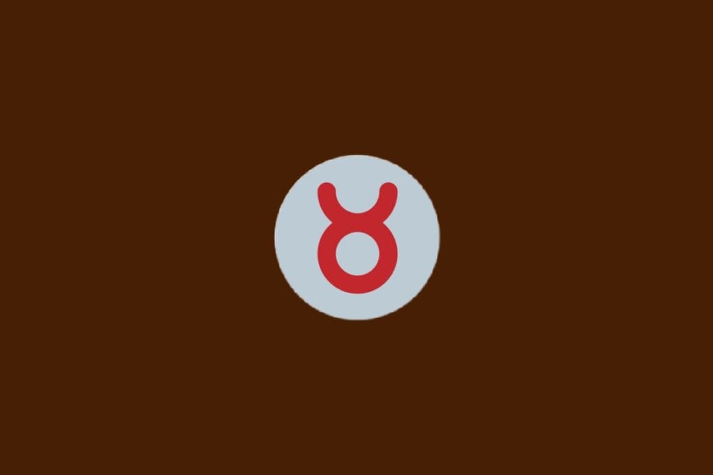 Ilustração do signo de Touro com símbolo vermelho em forma de círculo com dois chifres voltados para cima, sobre fundo cinza e marrom-escuro