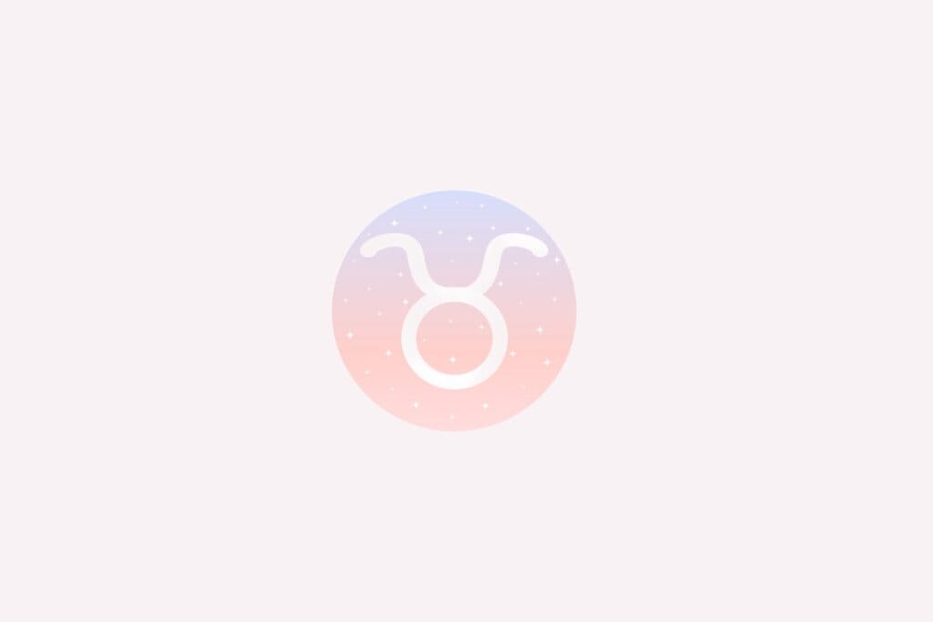 Ilustração do signo de Touro com círculo branco com dois chifres curvos em fundo rosa e azul com estrelas