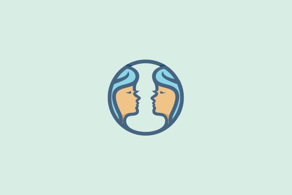 Ilustração do signo de Gêmeos com dois rostos estilizados voltados um para o outro