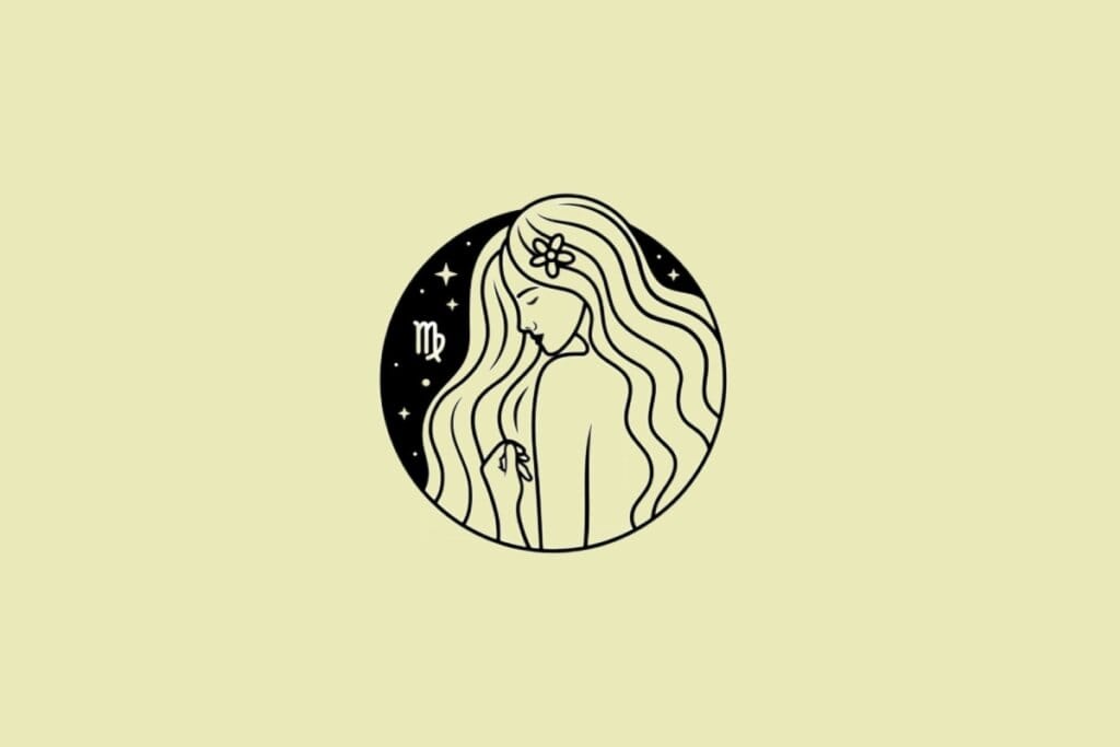 Ilustração do signo de Virgem em preto sobre um fundo amarelo 