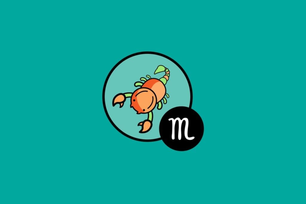 Ilustração do signo de Escorpião, em fundo verde-azulado, contendo um escorpião laranja com pinças e cauda detalhadas em um círculo azul-esverdeado e o símbolo astrológico em um círculo preto