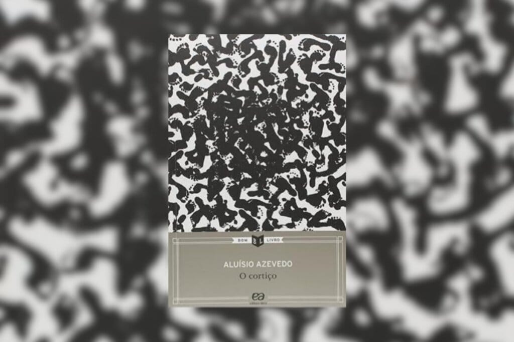 Ilustração da capa do livro O Cortiço com fundo branco e desenhos de pés em cima