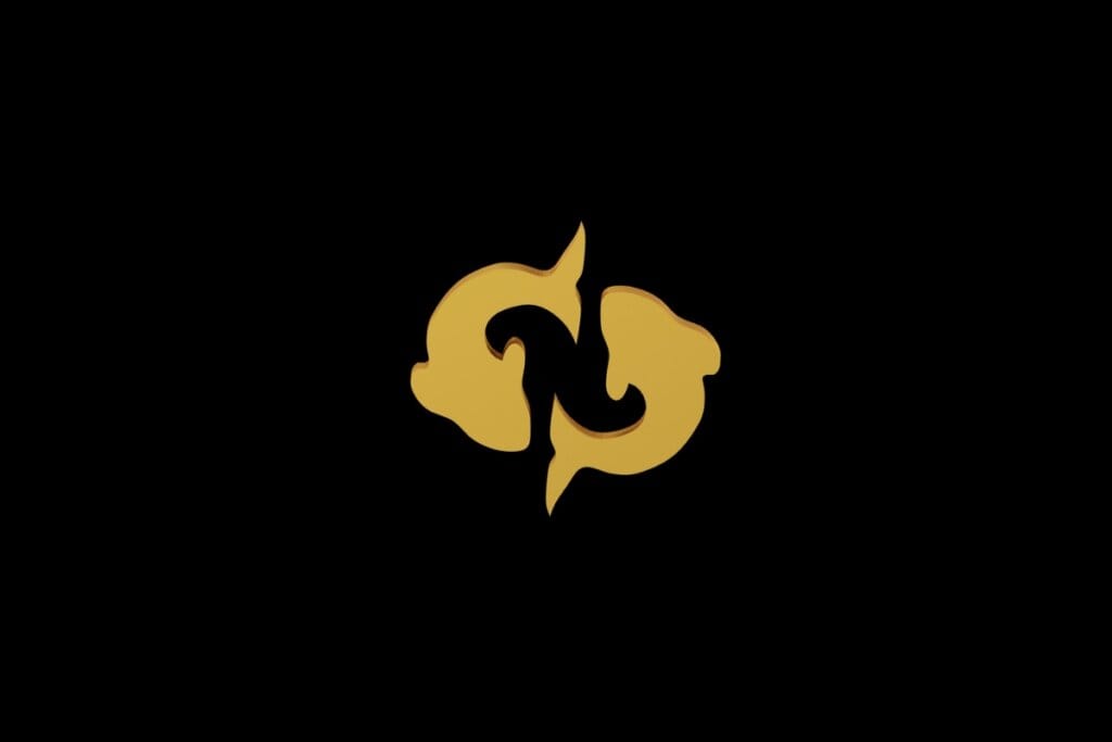 Ilustração do signo de Peixes em dourado sobre um fundo preto