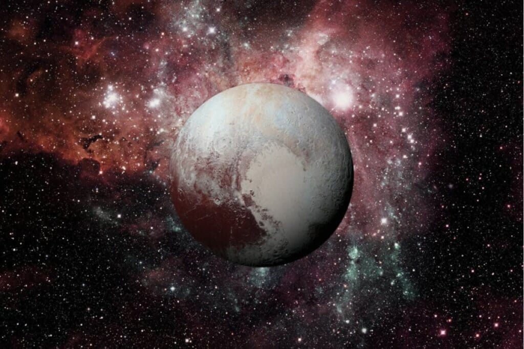 Ilustração planeta Plutão em vermelho e cinza no espaço com estrelas