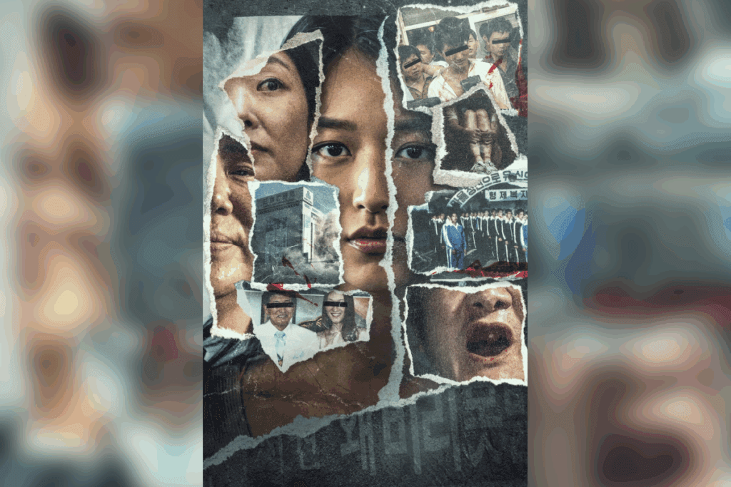 Montagem de fotos rasgadas mostrando rostos, protestos e prédios, com o foco no rosto de uma mulher ao centro