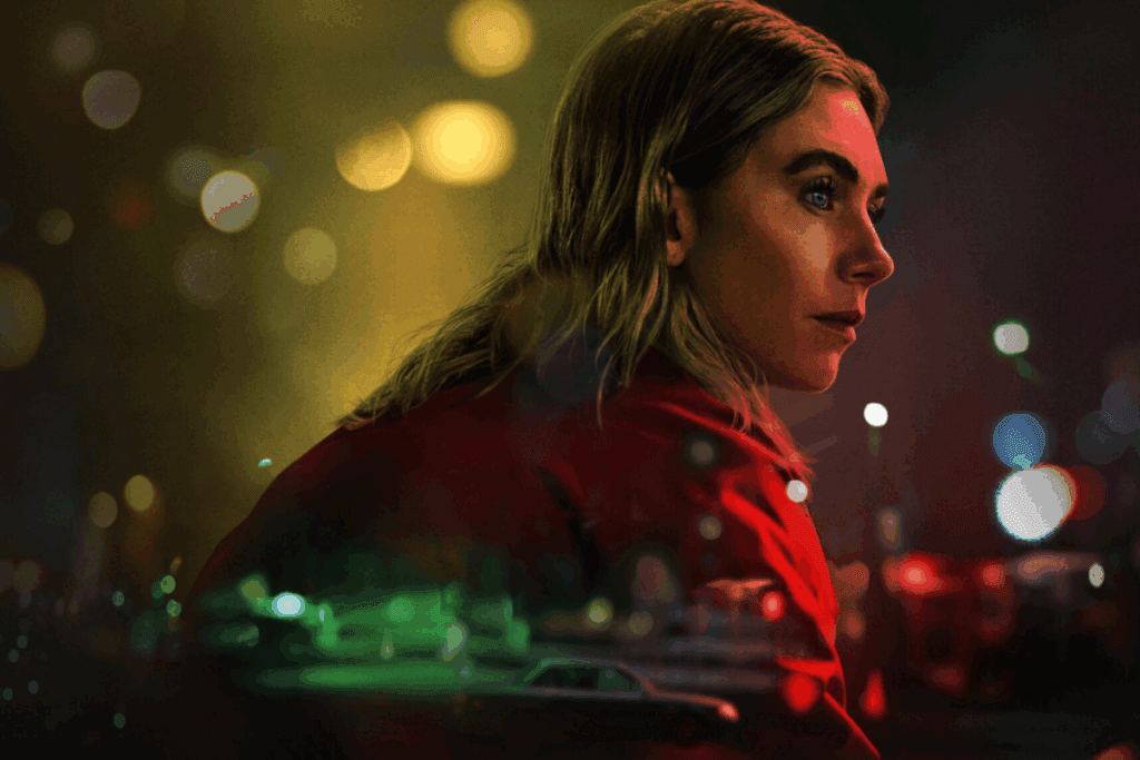 Mulher loira de perfil usando casaco vermelho enquanto observa a cidade iluminada à noite