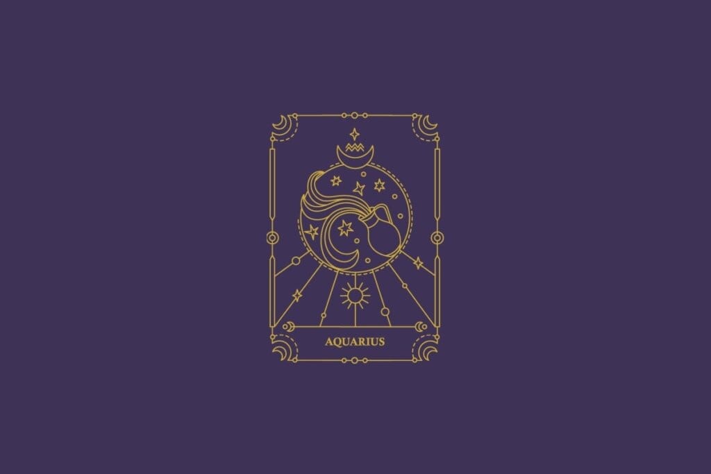 Ilustração do signo de aquário em dourado com detalhes na mesma cor ao redor. Fundo roxo-escuro