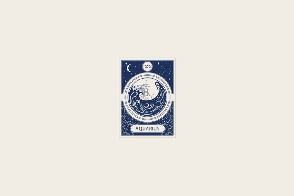 Ilustração do signo de Aquário em azul dentro de uma carta e com fundo bege-claro
