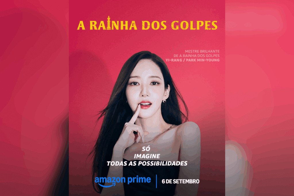 Mulher de vestido preto diante de fundo vermelho com o dedo próximo à boca
