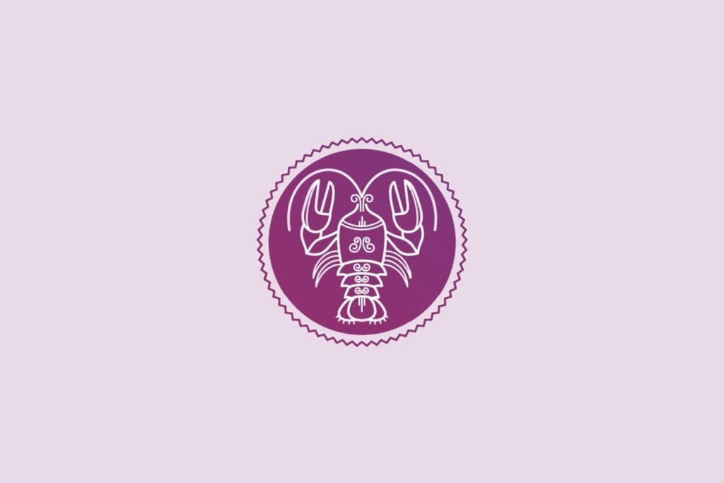 ilustração de um caranguejo representando o signo de câncer em círculo roxo em fundo lilás