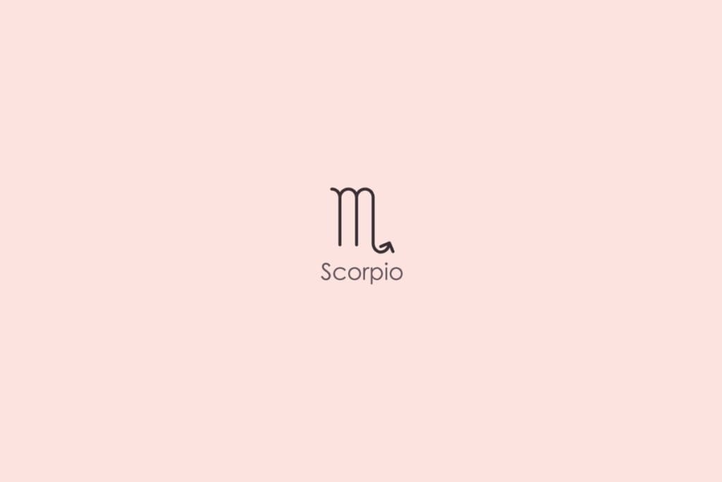 Ilustração do símbolo e nome do signo de escorpião em inglês em fundo rosa