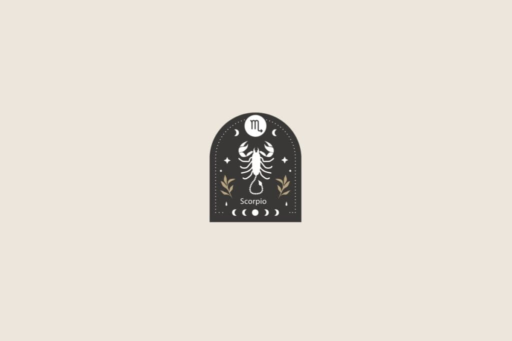 Símbolo estilizado do signo de escorpião sobre um formato de arco preto. O fundo geral é bege-claro