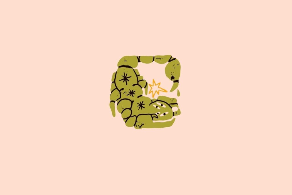 Ilustração de um escorpião verde em um fundo bege-claro