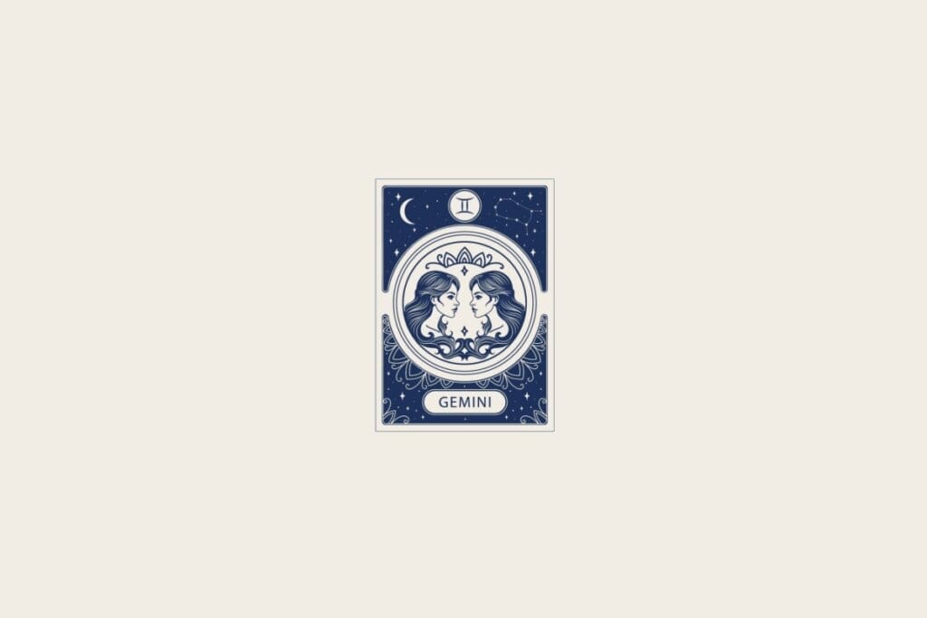 Ilustração do signo de Gêmeos em azul dentro de uma carta e com fundo bege-claro