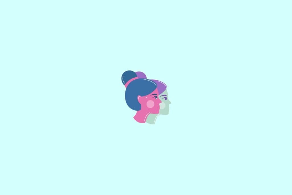 Ilustração de uma mulher de rosto rosa e cabelo azul, com sombra dela ao fundo, representando o signo de gêmeos, em um fundo verde-claro