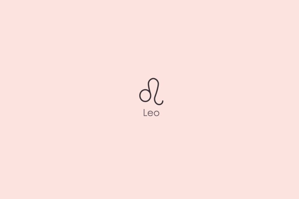 Ilustração do símbolo e nome do signo de leão em inglês em fundo rosa