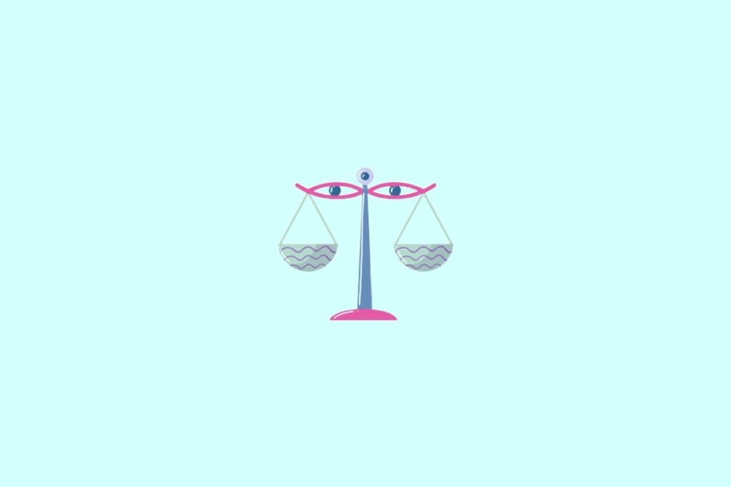 Ilustração de uma balança azul e rosa, representando o signo de libra, em um fundo verde-claro