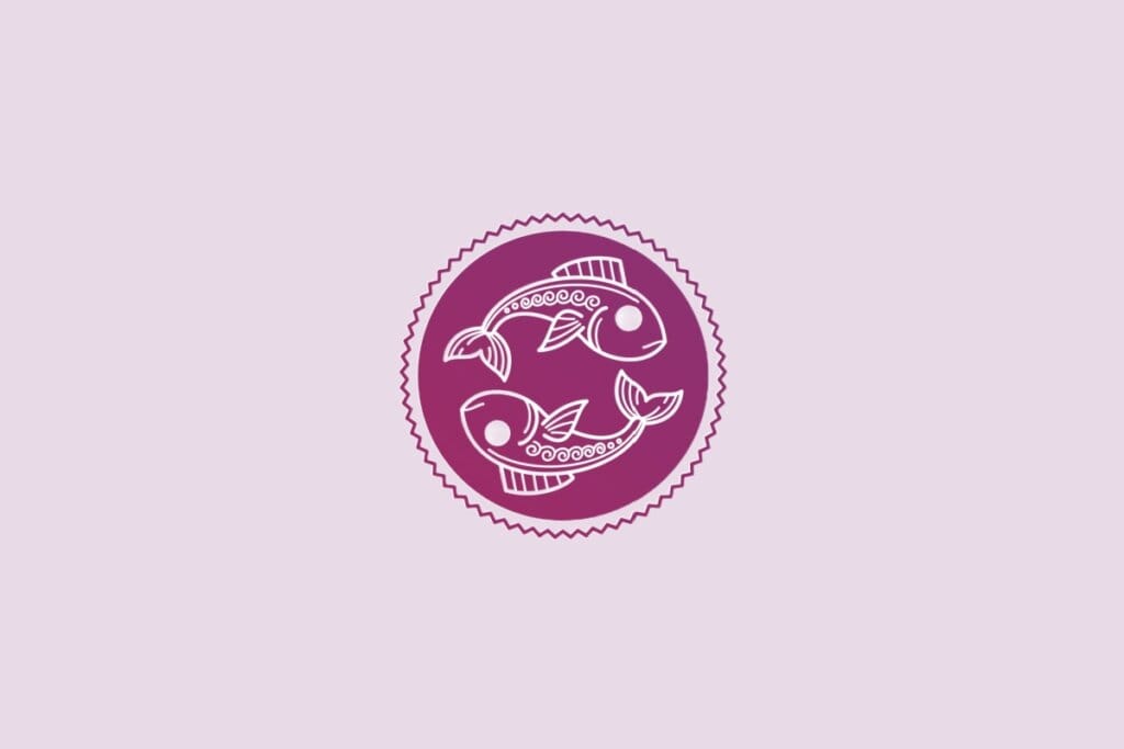 ilustração de dois peixes nadando em círculo representando o signo de peixes em círculo roxo em fundo lilás