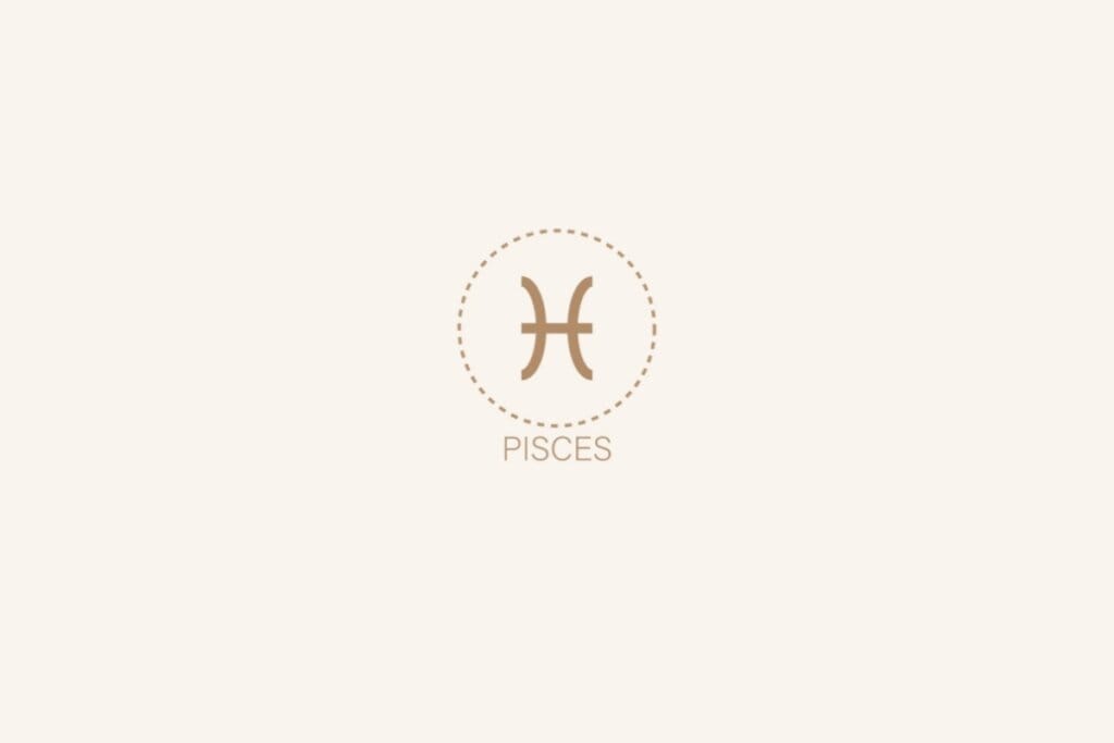 Ilustração do símbolo e nome em inglês do signo de peixes em um fundo bege