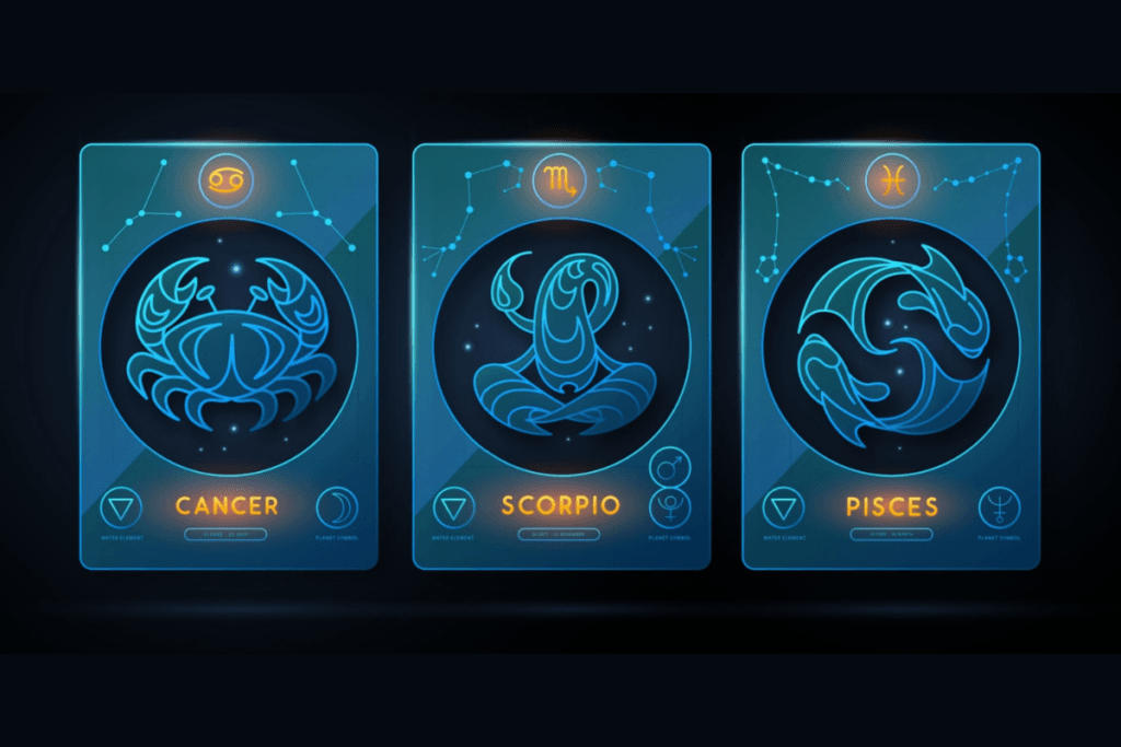 Símbolos dos signos de água (Câncer, Escorpião e Peixes) em azul e laranja em fundo escuro