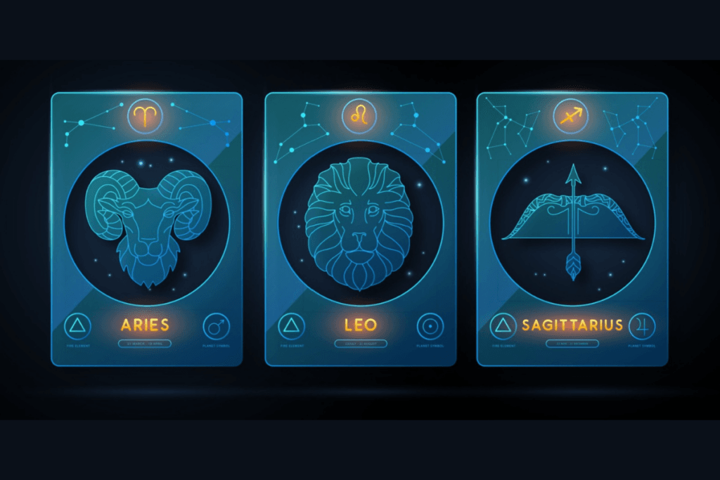 Símbolos dos signos de fogo (Áries, Leão e Sagitário) em azul e laranja em fundo escuro
