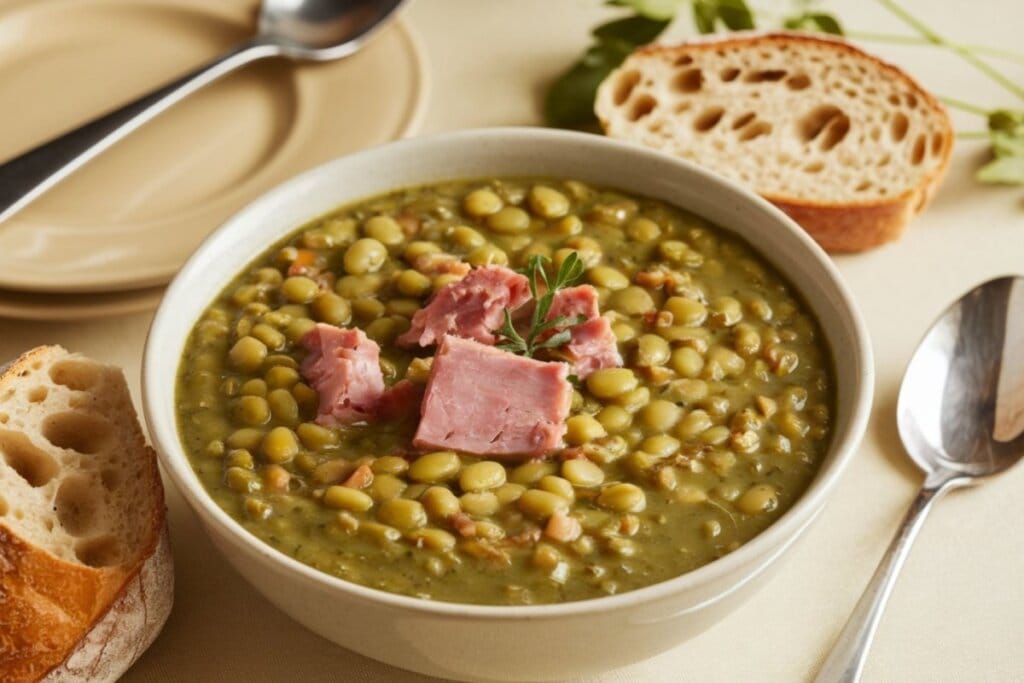 Recipiente branco com sopa de ervilha seca com cenoura e presunto defumado