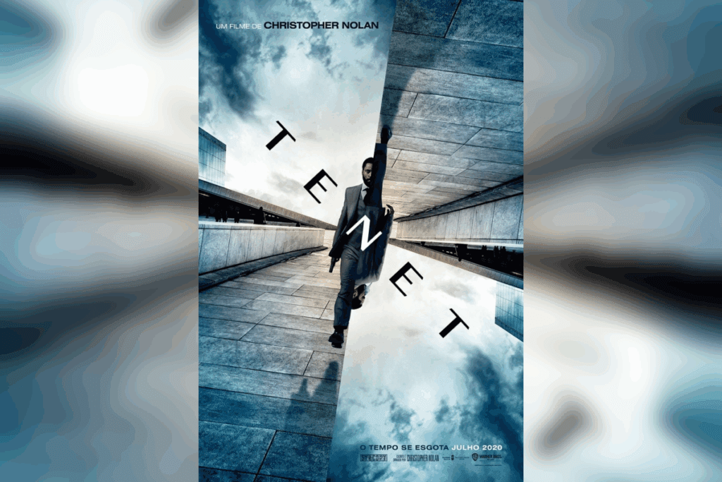 Homem caminhando em uma cena espelhada com prédios inclinados