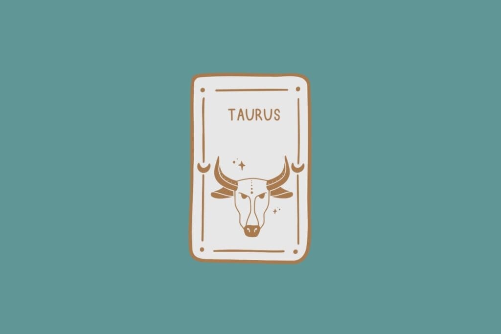 Ilustração do signo de Touro, em fundo verde-azulado, contendo a cabeça de um touro marrom com chifres curvados para cima
