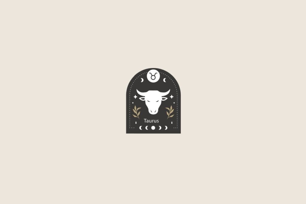 Símbolo estilizado do signo de touro sobre um formato de arco preto. O fundo geral é bege-claro