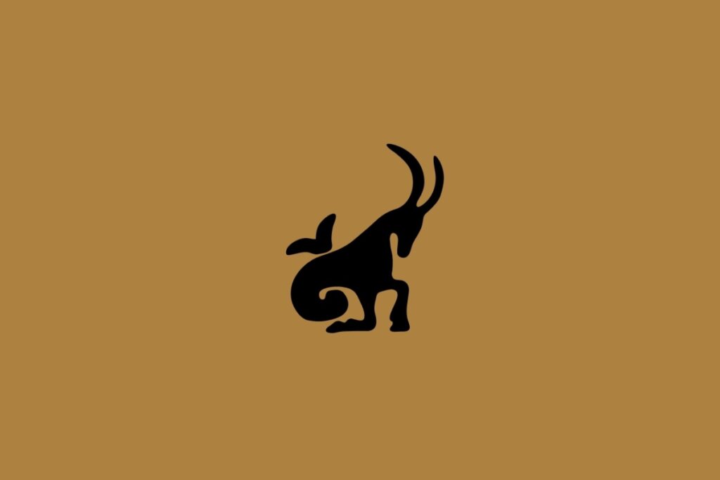 Ilustração do signo de Capricórnio com uma cabra de cauda curvada em fundo marrom