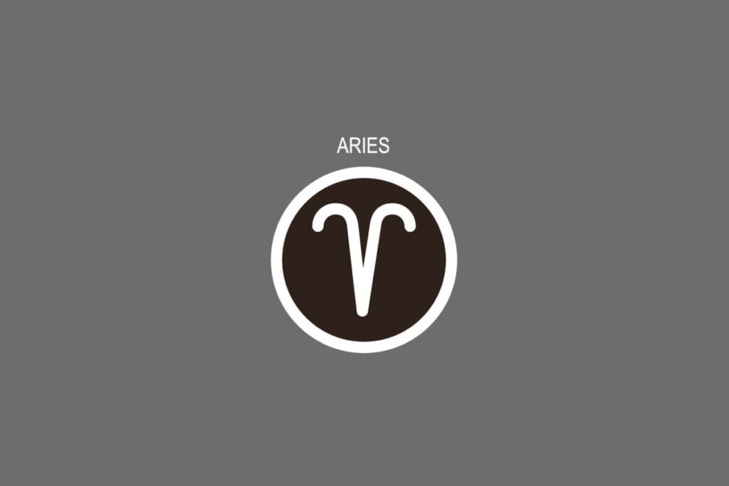 Ilustração do signo de Áries, contendo o símbolo em forma de chifres curvos, em fundo cinza