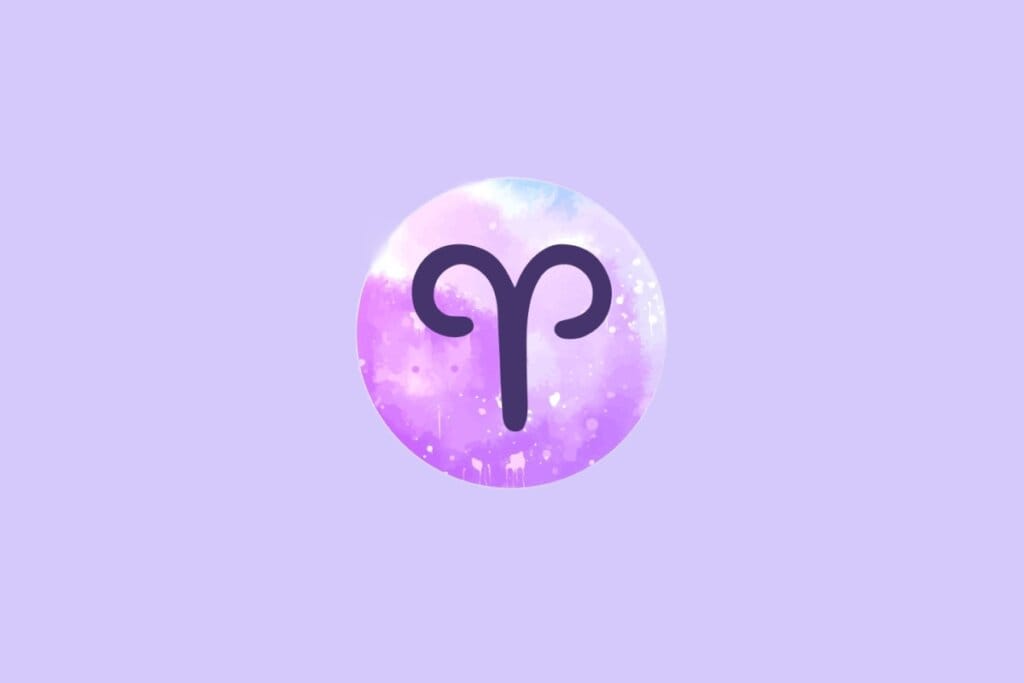 Imagem do signo de Áries, com o símbolo representado por uma linha curva que se assemelha a chifres de carneiro, sobre um fundo em tons suaves de roxo e azul