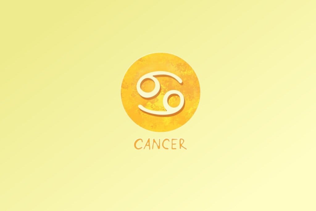 Ilustração do signo de Câncer, com dois círculos opostos ligados por traços curvos formando uma espécie de caranguejo estilizado, em fundo amarelo