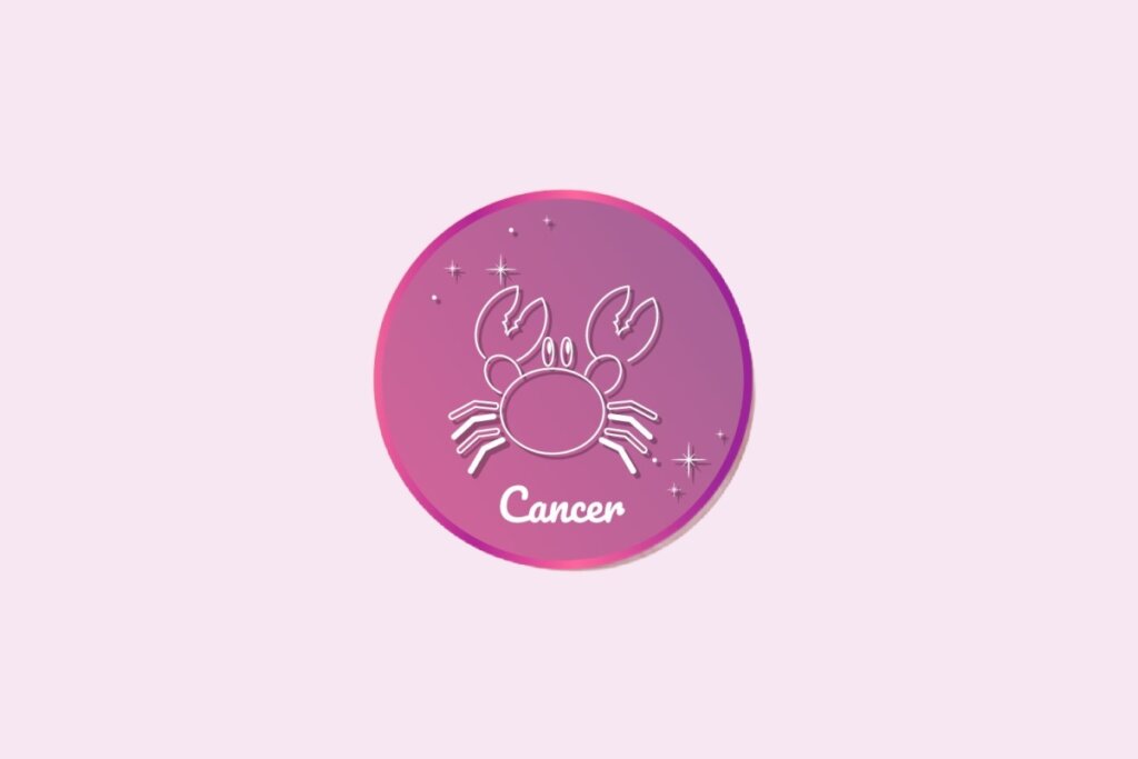 Ilustração do signo de Câncer, em fundo rosa, contendo o símbolo de um caranguejo de frente, com garras levantadas e olhos arredondados