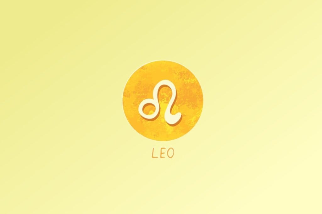 Ilustração do signo de Leão, com um desenho curvo que lembra a juba de um leão ou uma cauda em espiral, em fundo amarelo