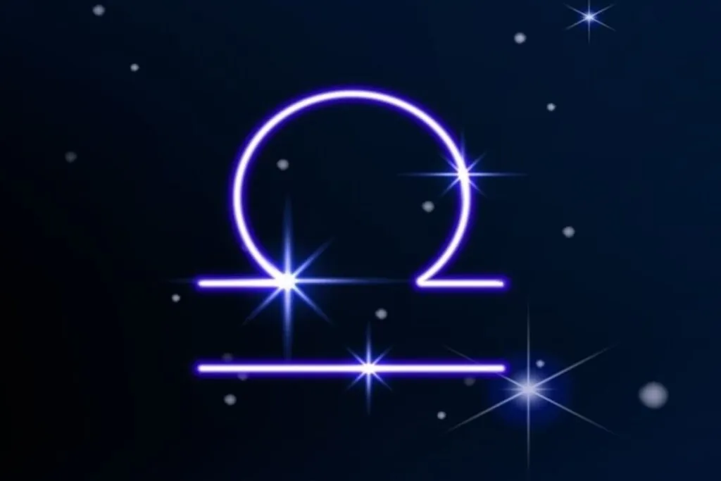 Símbolo do signo de Libra em roxo em fundo azul-escuro com pontos de luz simbolizando as estrelas