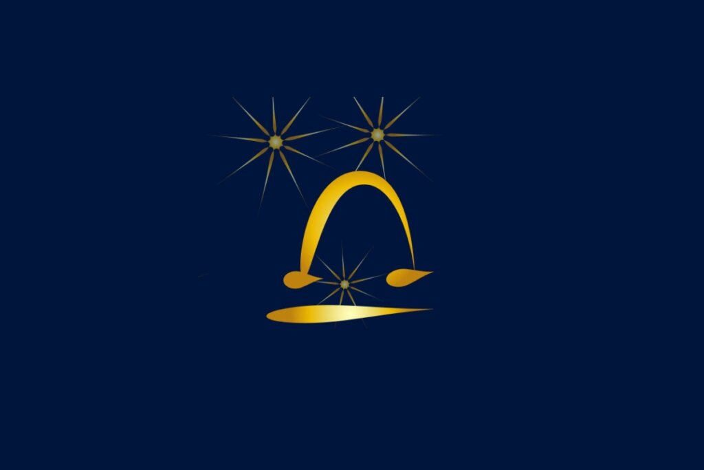 Ilustração do signo de Libra, com um símbolo dourado representando a balança em linhas suaves e arredondadas, acompanhado de três estrelas cintilantes, em fundo azul-escuro